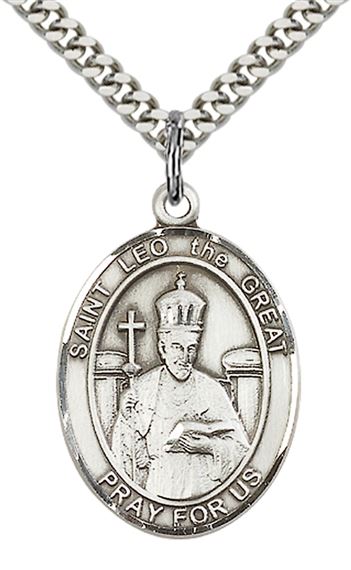 STERLING SILVER ST LEO THE GREAT PENDANT WITH CHAIN - 1" x 3/4"