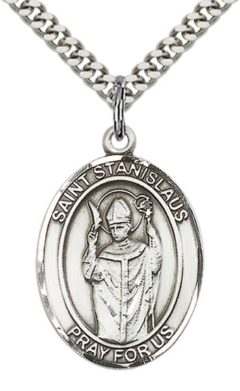 STERLING SILVER ST STANISLAUS PENDANT WITH CHAIN - 1" x 3/4"