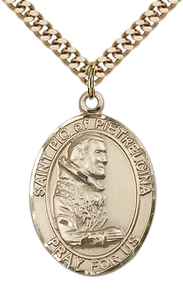14KT GOLD FILLED ST PIO OF PIETRELCINA PENDANT WITH CHAIN - 1" x 3/4"