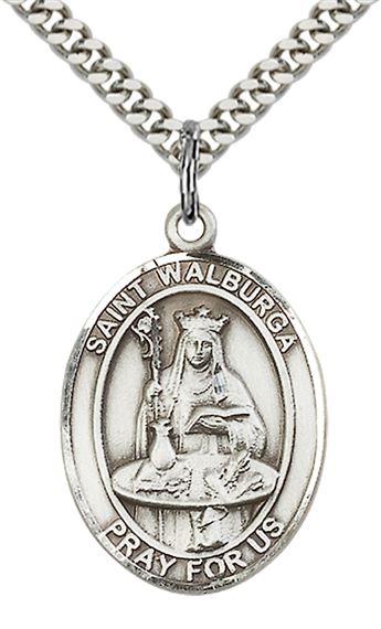 STERLING SILVER ST WALBURGA PENDANT WITH CHAIN - 1" x 3/4"