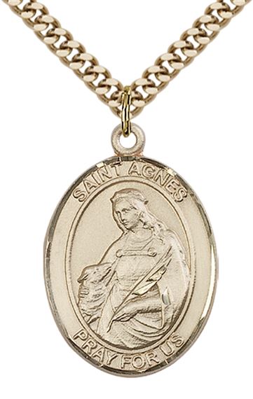 14KT GOLD FILLED ST AGNES OF ROME PENDANT WITH CHAIN - 1" x 3/4"