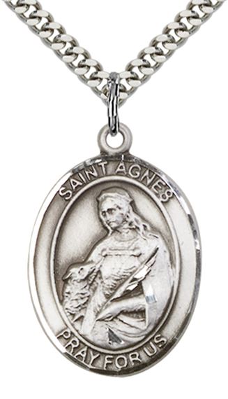 STERLING SILVER ST AGNES OF ROME PENDANT WITH CHAIN - 1" x 3/4"