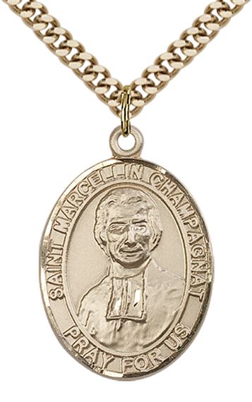 14KT GOLD FILLED ST MARCELLIN CHAMPAGNAT PENDANT WITH CHAIN - 1" x 3/4"