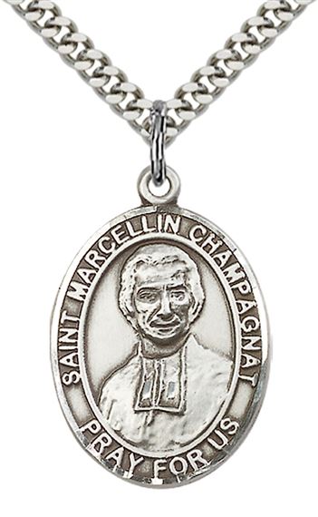 STERLING SILVER ST MARCELLIN CHAMPAGNAT PENDANT WITH CHAIN - 1" x 3/4"