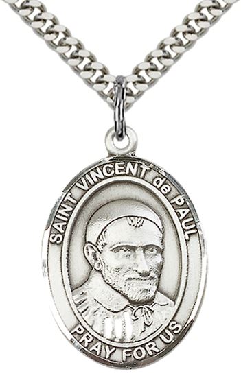 STERLING SILVER ST VINCENT DE PAUL PENDANT WITH CHAIN - 1" x 3/4"