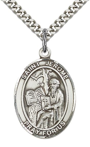 STERLING SILVER ST JEROME PENDANT WITH CHAIN - 1" x 3/4"