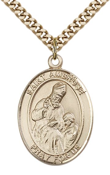 14KT GOLD FILLED ST AMBROSE PENDANT WITH CHAIN - 1" x 3/4"