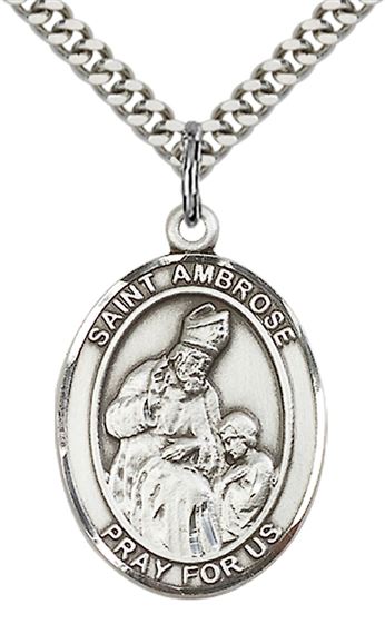 STERLING SILVER ST AMBROSE PENDANT WITH CHAIN - 1" x 3/4"