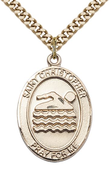 14KT GOLD FILLED ST CHRISTOPHER SWIMMING MEDAL - 1" x 3/4"