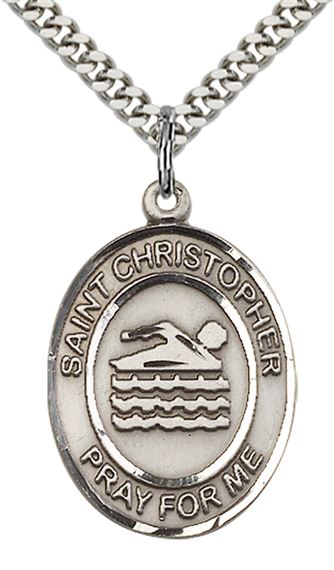 STERLING SILVER ST CHRISTOPHER SWIMMING MEDAL - 1" x 3/4"