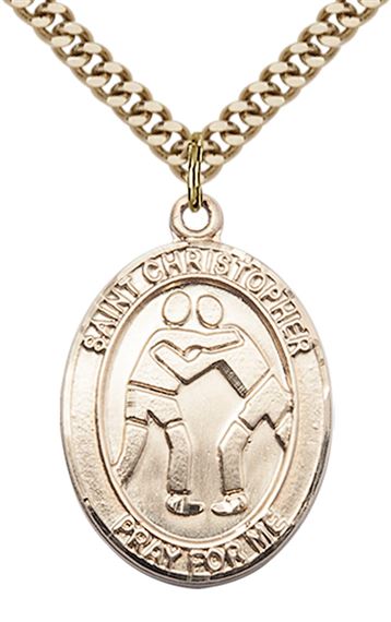 14KT GOLD FILLED ST CHRISTOPHER WRESTLING MEDAL - 1" x 3/4"