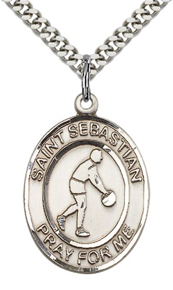 STERLING SILVER ST SEBASTIAN BASKETBALL MEDAL - 1" x 3/4"