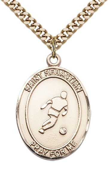 14KT GOLD FILLED ST SEBASTIAN SOCCER MEDAL - 1" x 3/4"