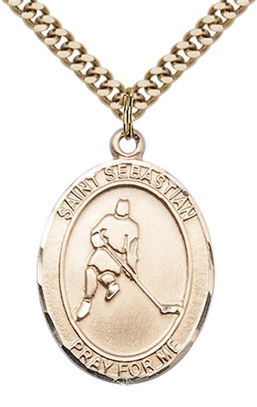14KT GOLD FILLED ST SEBASTIAN ICE HOCKEY MEDAL - 1" x 3/4"
