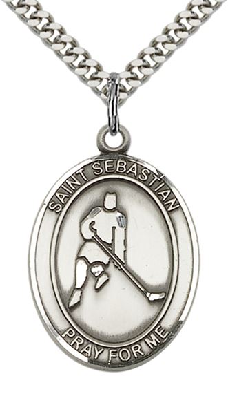 STERLING SILVER ST SEBASTIAN ICE HOCKEY MEDAL - 1" x 3/4"