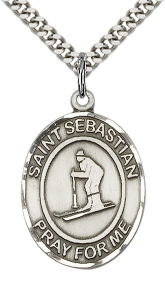 STERLING SILVER ST SEBASTIAN SKIING MEDAL - 1" x 3/4"
