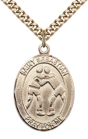 14KT GOLD FILLED ST SEBASTIAN WRESTLING MEDAL - 1" x 3/4"
