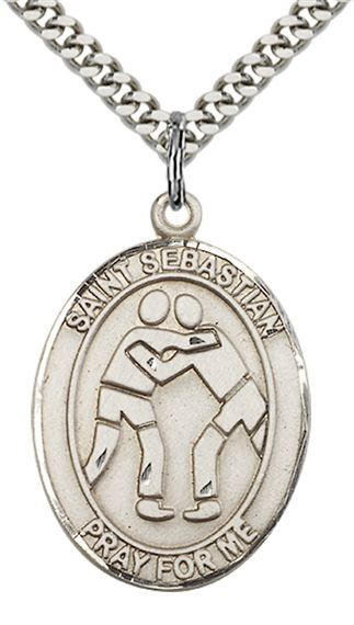 STERLING SILVER ST SEBASTIAN WRESTLING MEDAL - 1" x 3/4"