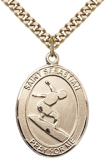 14KT GOLD FILLED ST SEBASTIAN SURFING MEDAL - 1" x 3/4"