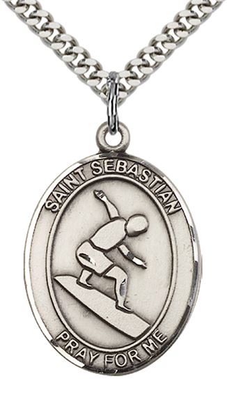 STERLING SILVER ST SEBASTIAN SURFING MEDAL - 1" x 3/4"