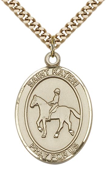 14KT GOLD FILLED ST KATERI EQUESTRIAN MEDAL - 1" x 3/4"