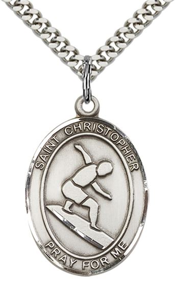 STERLING SILVER ST CHRISTOPHER SURFING MEDAL - 1" x 3/4"