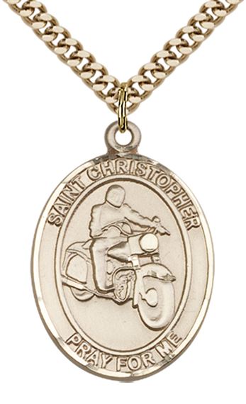 14KT GOLD FILLED ST CHRISTOPHER MOTORCYCLE MEDAL - 1" x 3/4"