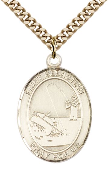 14KT GOLD FILLED ST SEBASTIAN FISHING MEDAL - 1" x 3/4"