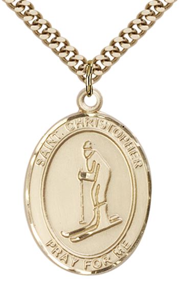 14KT GOLD FILLED ST CHRISTOPHER SKIING MEDAL - 1" x 3/4"