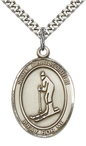 STERLING SILVER ST CHRISTOPHER SKIING MEDAL - 1" x 3/4"