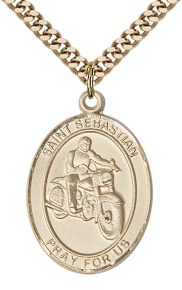 14KT GOLD FILLED ST SEBASTIAN MOTORCYCLE MEDAL - 1" x 3/4"