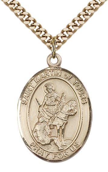 14KT GOLD FILLED ST MARTIN OF TOURS PENDANT WITH CHAIN - 1" x 3/4"