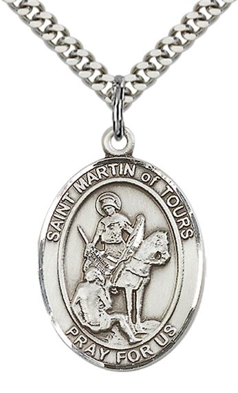 STERLING SILVER ST MARTIN OF TOURS PENDANT WITH CHAIN - 1" x 3/4"