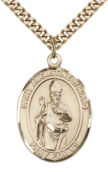 14KT GOLD FILLED ST AUGUSTINE OF HIPPO PENDANT WITH CHAIN - 1" x 3/4"