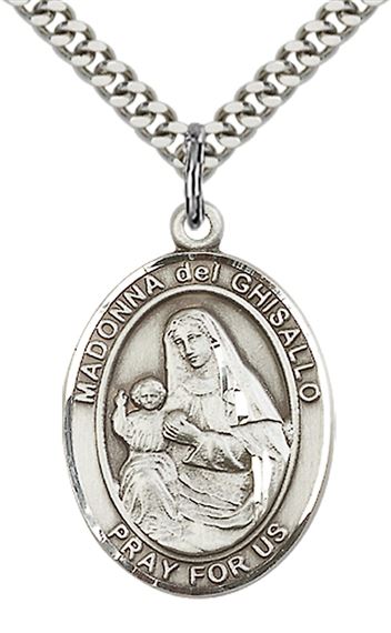 STERLING SILVER ST MADONNA DEL GHISALLO PENDANT WITH CHAIN - 1" x 3/4"