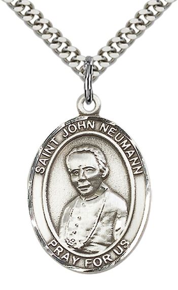 STERLING SILVER ST JOHN NEUMANN PENDANT WITH CHAIN - 1" x 3/4"