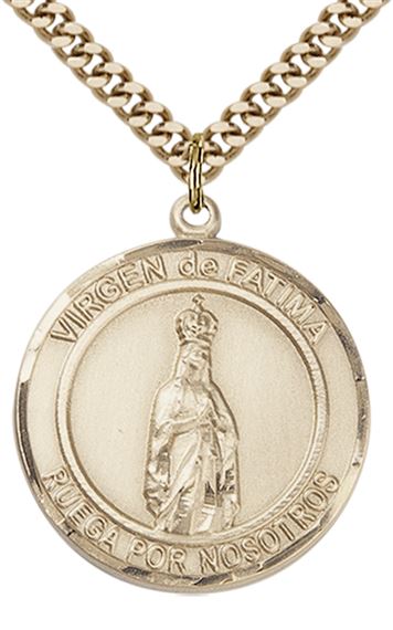 GOLD FILLED VIRGEN DE FATIMA PENDANT ON A CHAIN - 1" x 7/8"