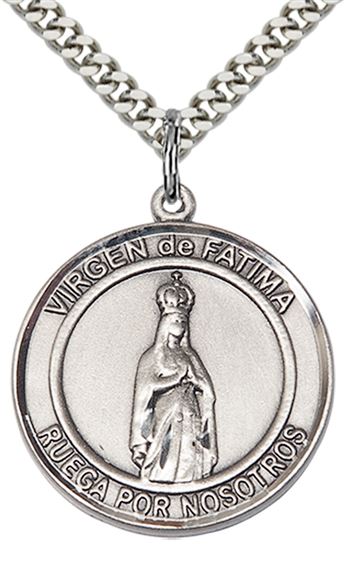 STERLING SILVER VIRGEN DE FATIMA PENDANT WITH CHAIN - 1" x 7/8"