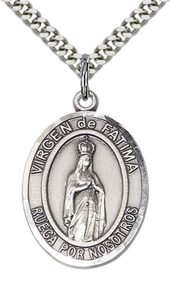 STERLING SILVER VIRGEN DE FATIMA PENDANT WITH CHAIN - 1" x 3/4"