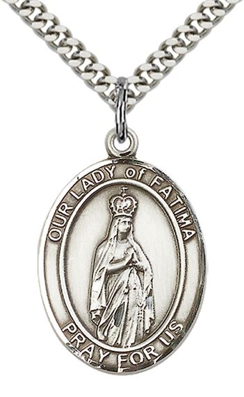 STERLING SILVER OUR LADY OF FATIMA PENDANT WITH CHAIN - 1" x 3/4"