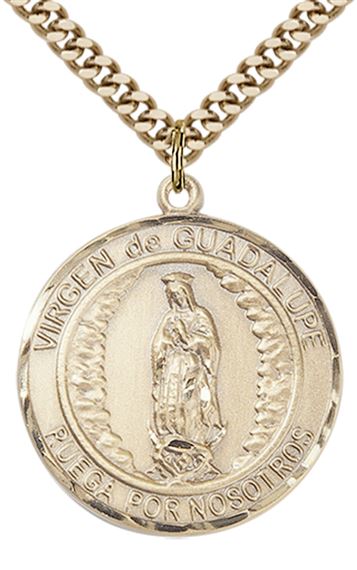 GOLD FILLED VIRGEN DE GUADALUPE PENDANT ON A CHAIN - 1" x 7/8"