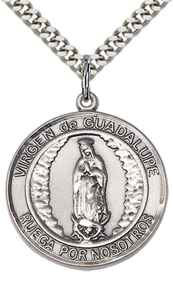STERLING SILVER VIRGEN DE GUADALUPE PENDANT WITH CHAIN - 1" x 7/8"
