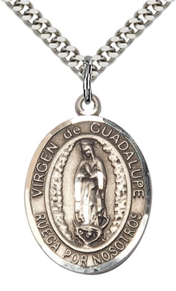 STERLING SILVER VIRGEN DE GUADALUPE PENDANT WITH CHAIN - 1" x 3/4"