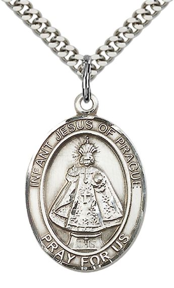 STERLING SILVER INFANT OF PRAGUE PENDANT WITH CHAIN - 1" x 3/4"