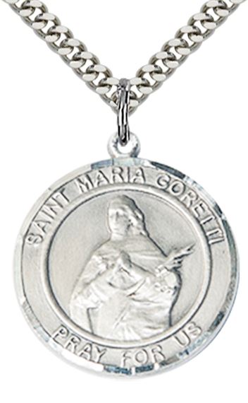 STERLING SILVER ST MARIA GORETTI PENDANT WITH CHAIN - 1" x 7/8"