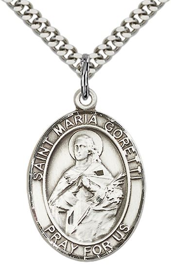 STERLING SILVER ST MARIA GORETTI PENDANT WITH CHAIN - 1" x 3/4"