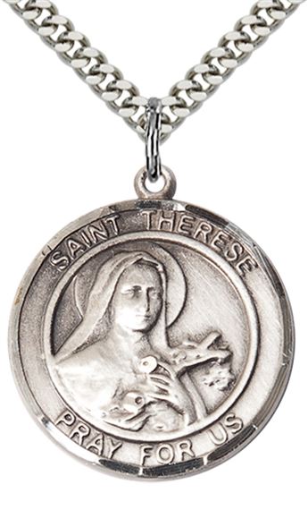 STERLING SILVER ST THERESE OF LISIEUX PENDANT WITH CHAIN - 1" x 7/8"