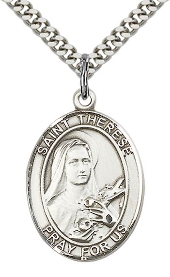 STERLING SILVER ST THERESE OF LISIEUX PENDANT WITH CHAIN - 1" x 3/4"