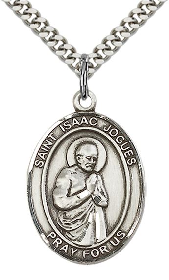 STERLING SILVER ST ISAAC JOGUES PENDANT WITH CHAIN - 1" x 3/4"