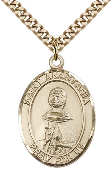 14KT GOLD FILLED ST ANASTASIA PENDANT WITH CHAIN - 1" x 3/4"
